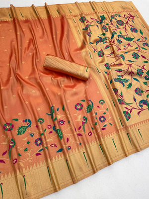 Peachmode Orange Bamboo Tissue Silk Paithani Saree - Image 2