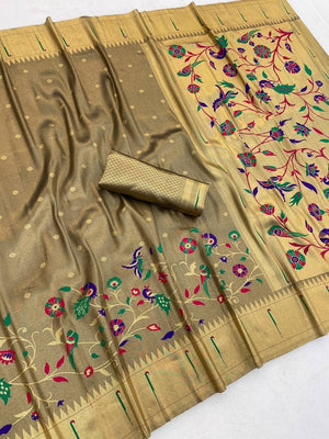 Peachmode Olive Bamboo Tissue Silk Paithani Saree - Image 2