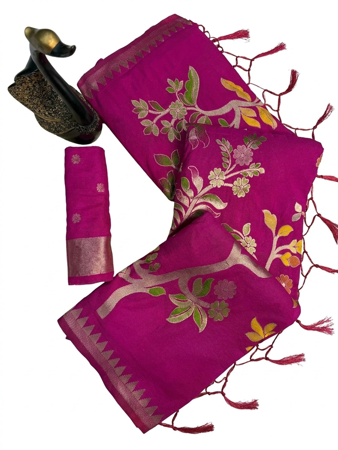 Peachmode Pink Crepe Khadi Silk Bird Motif Saree - Image 6
