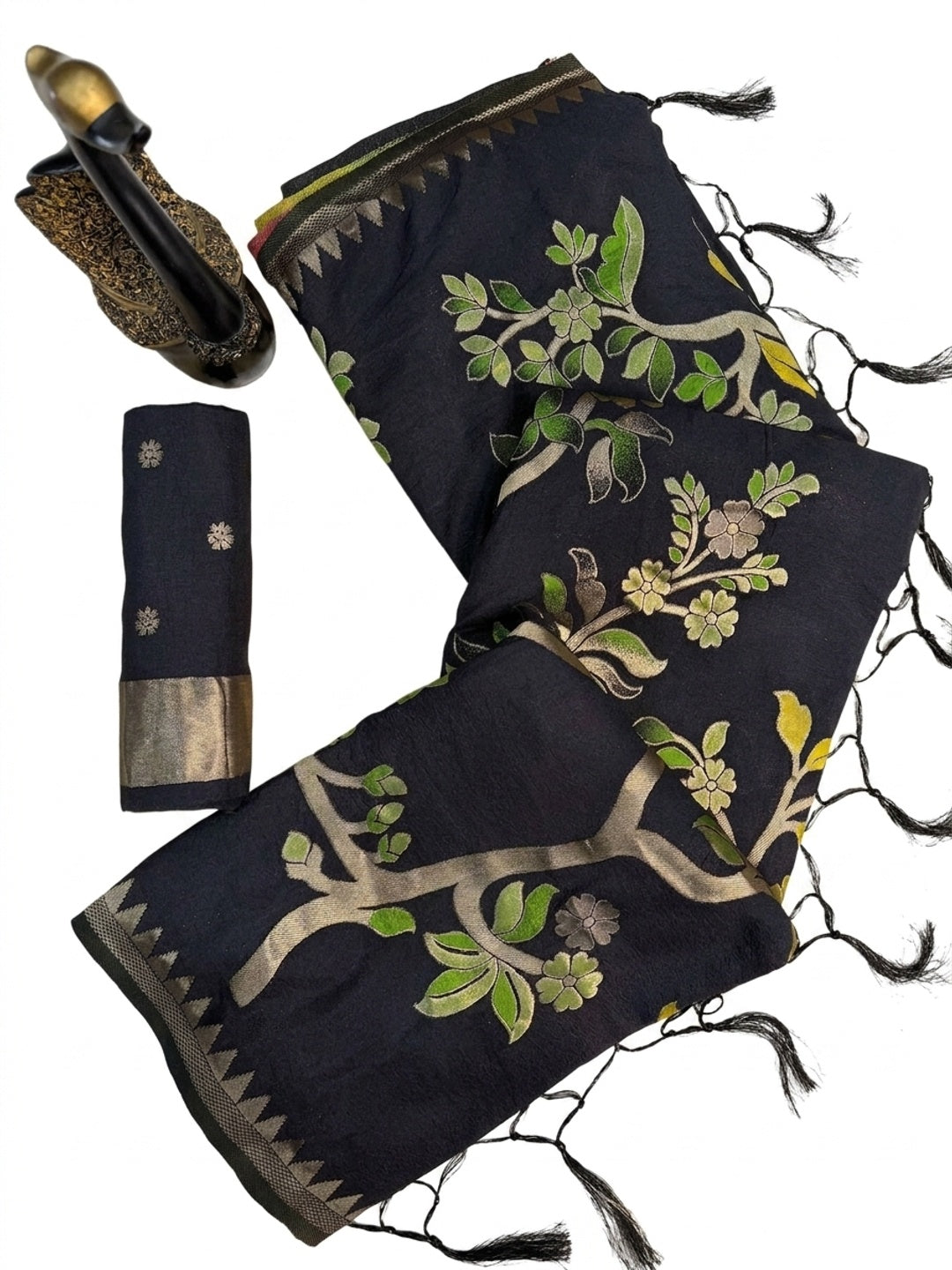 Peachmode Black Crepe Khadi Silk Bird Motif Saree - Image 8