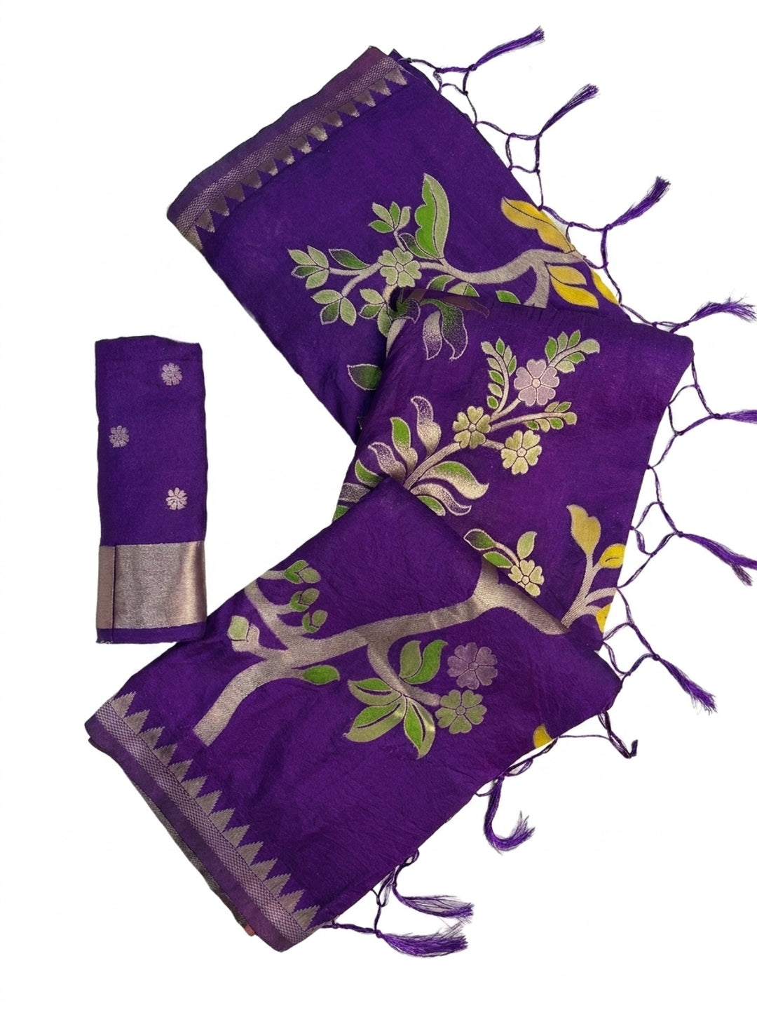 Peachmode Purple Crepe Khadi Silk Bird Motif Saree - Image 5