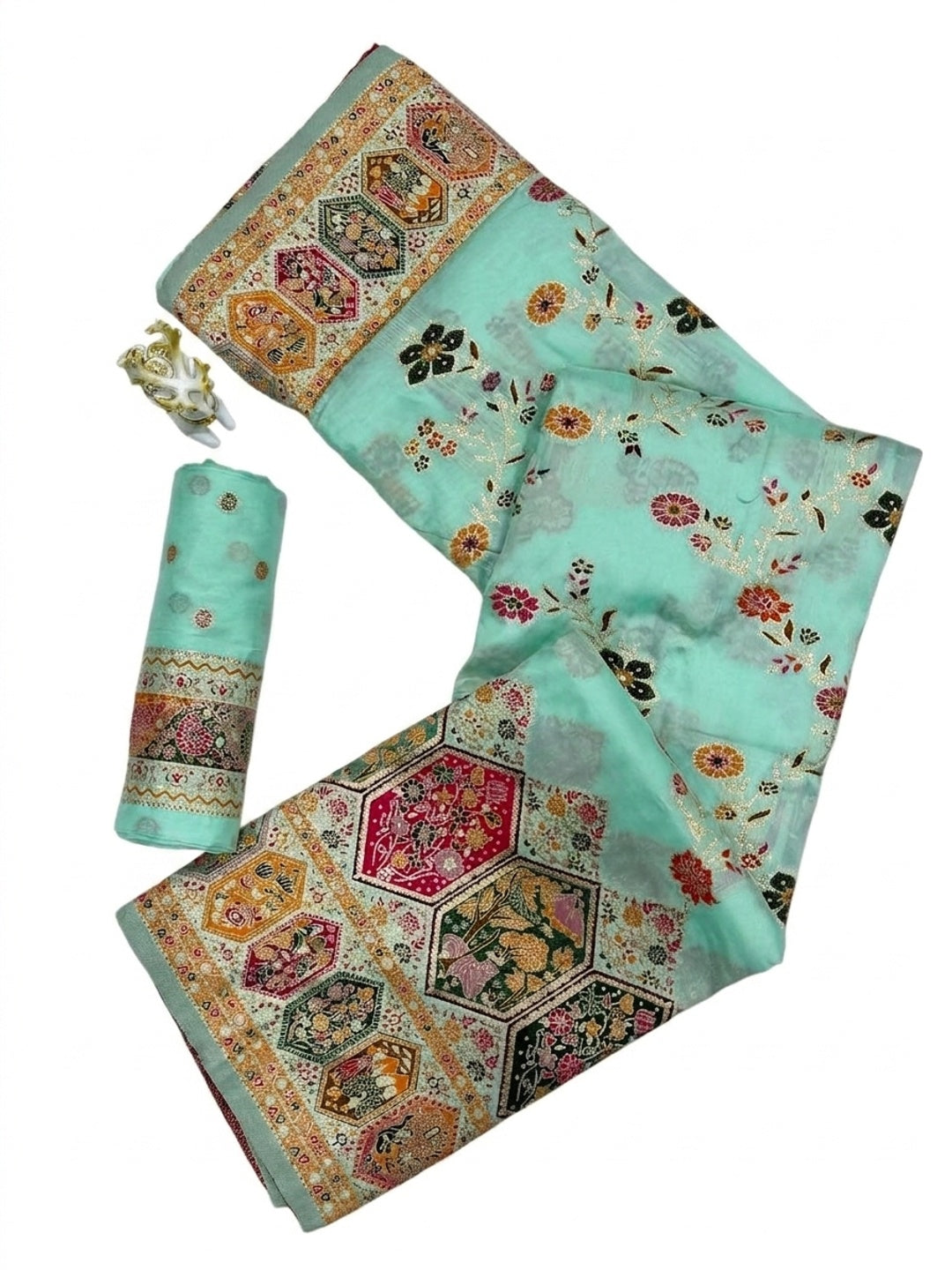 Peachmode Turquoise Rajwadi Pashmina Silk Woven Saree - Image 6