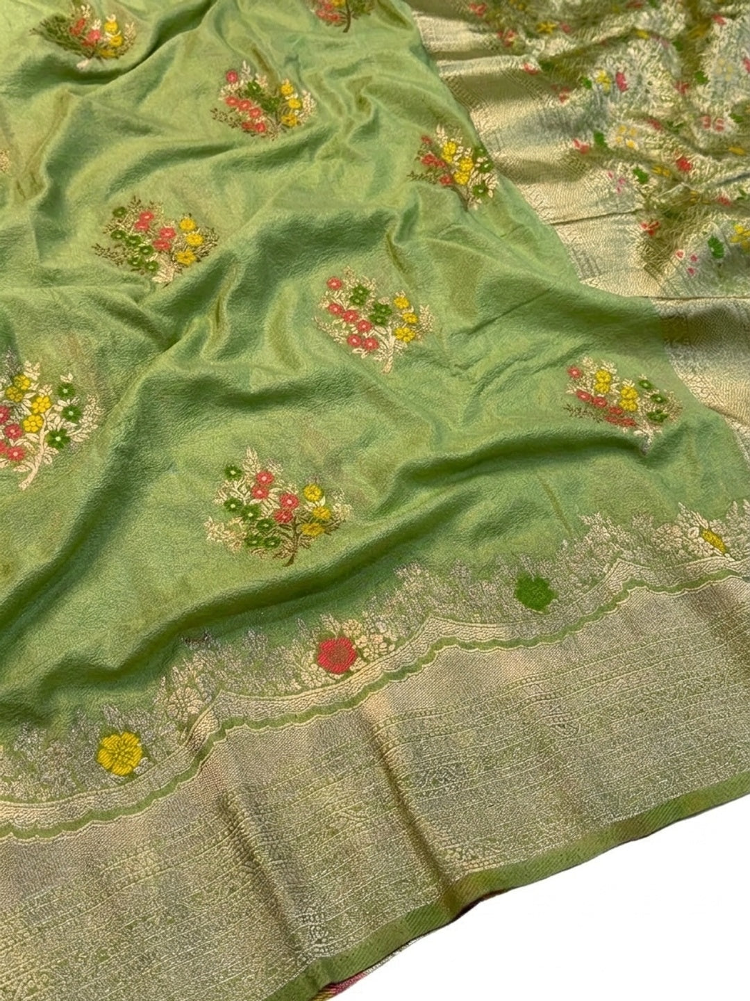 Peachmode Green Khadi Crepe Georgette Woven Saree - Image 6