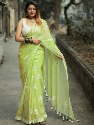 Peachmode Green Linen Cotton Floral Print Saree - Image 1