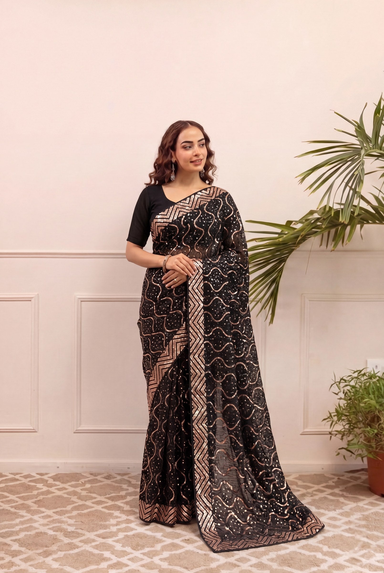 Peachmode Black & Gold Georgette Saree with Sequins Embroidery - Image 3
