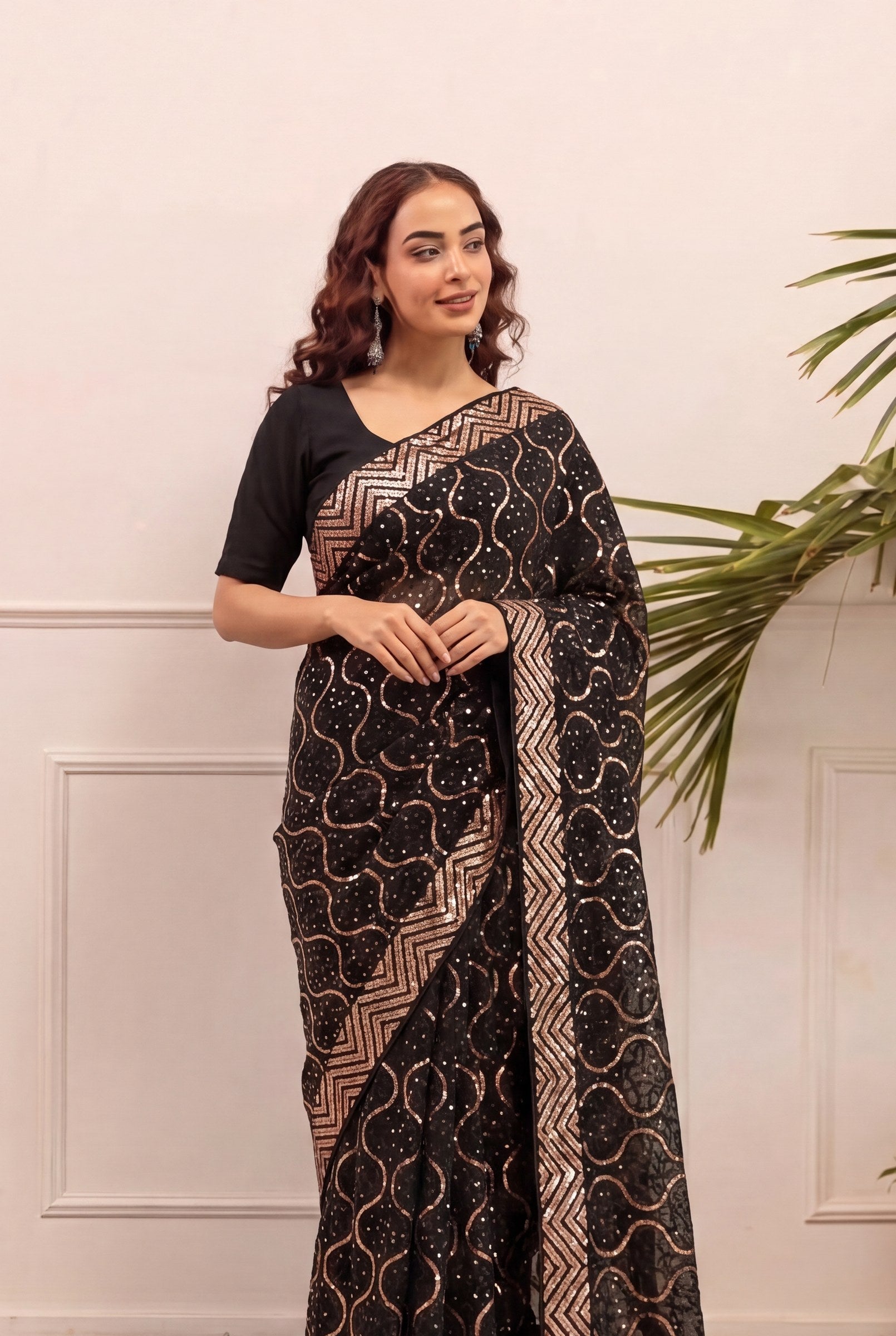 Peachmode Black & Gold Georgette Saree with Sequins Embroidery - Image 4