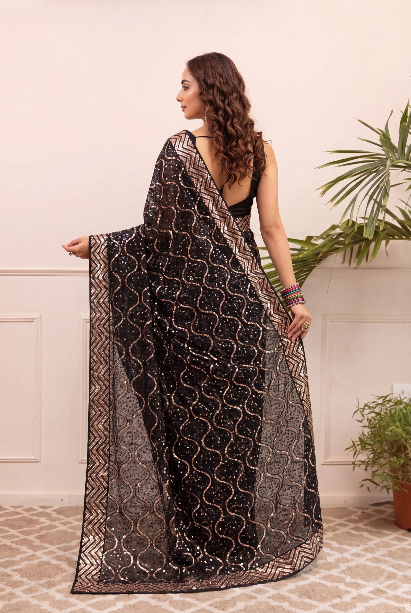 Peachmode Black & Gold Georgette Saree with Sequins Embroidery - Image 6