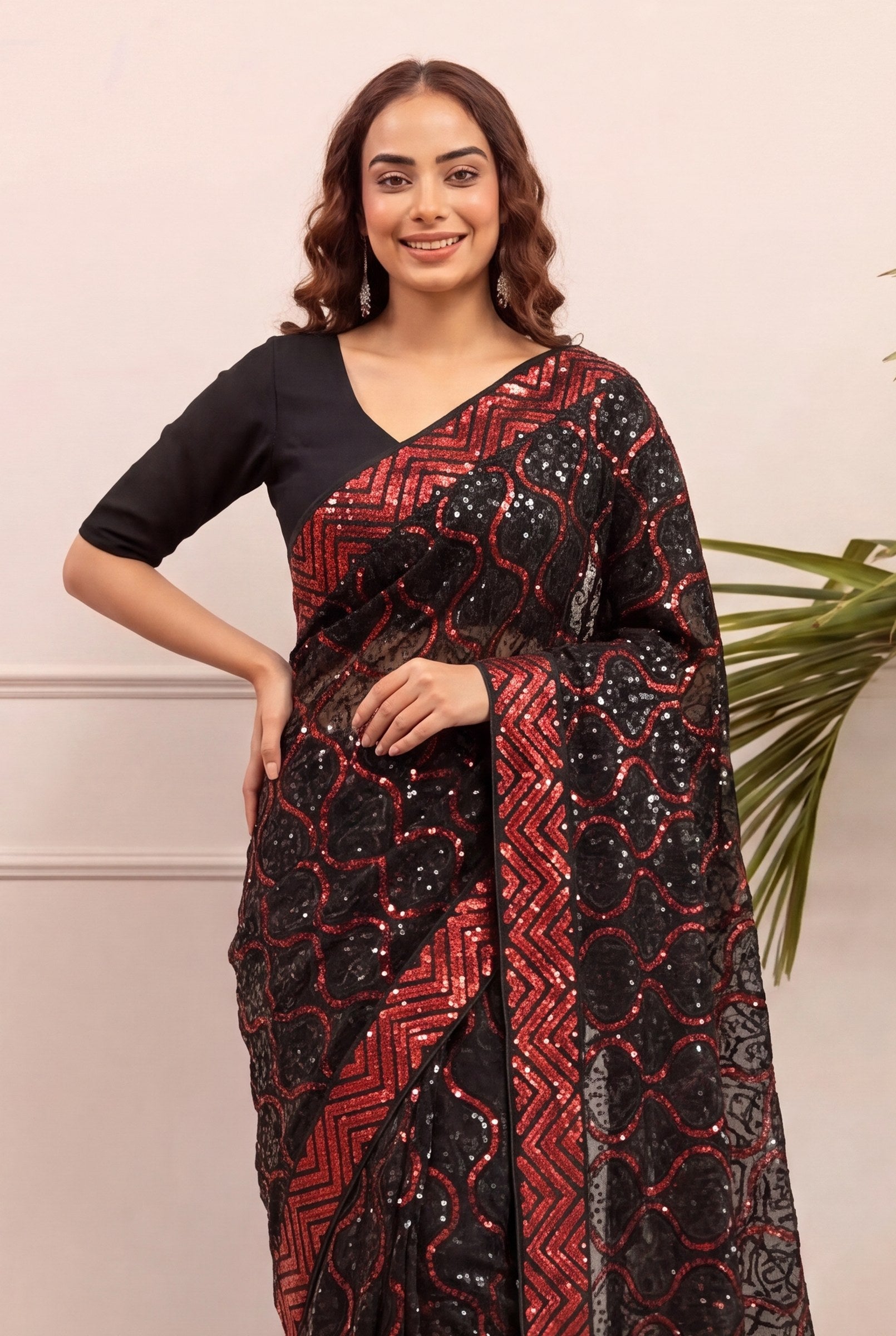 Peachmode Black & Red Georgette Saree with Sequins Embroidery - Image 2
