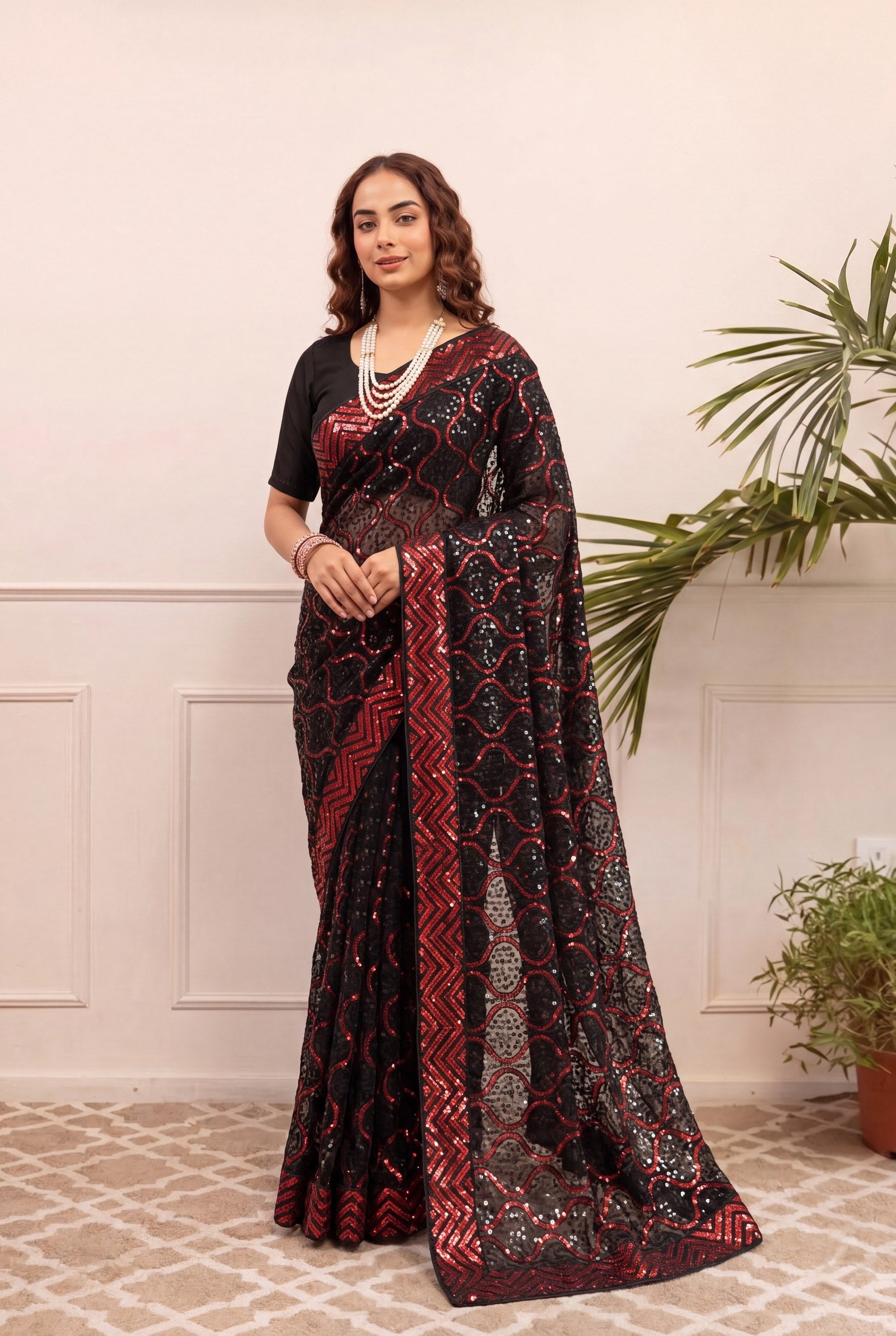 Peachmode Black & Red Georgette Saree with Sequins Embroidery - Image 4