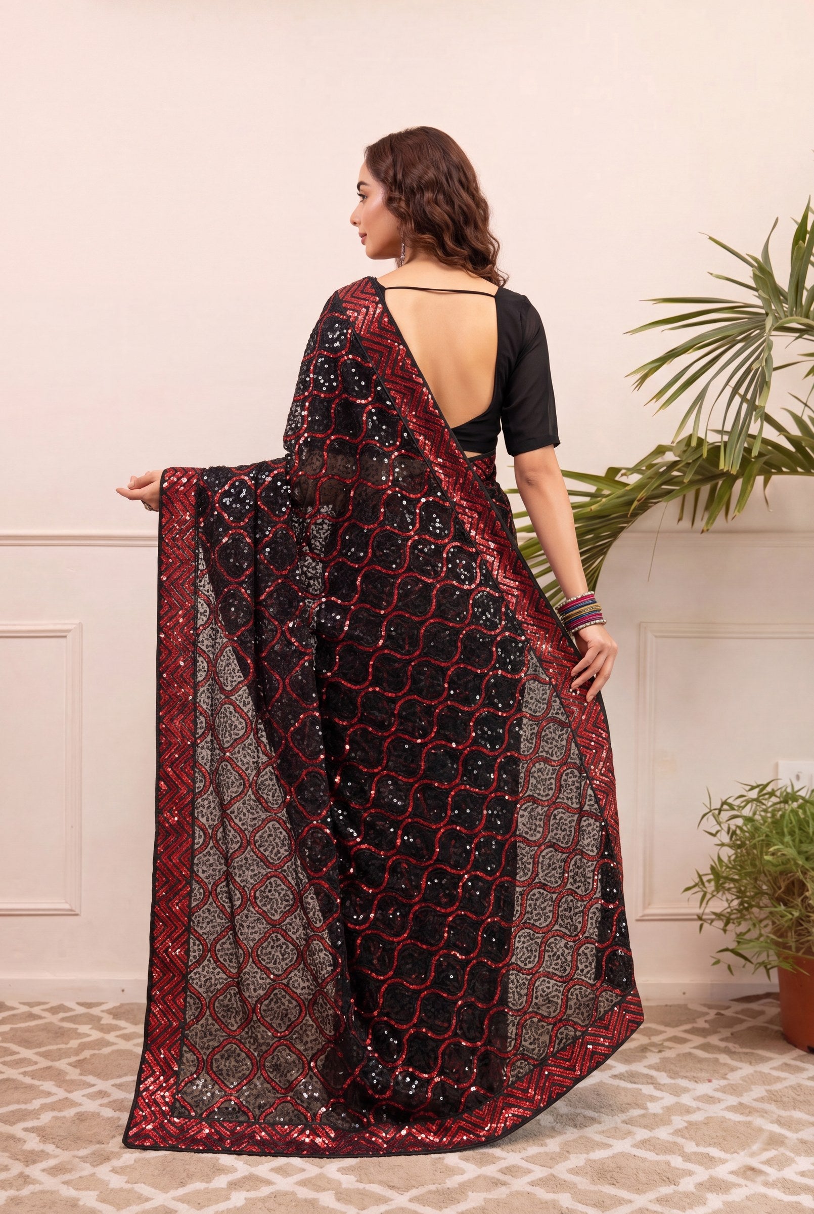Peachmode Black & Red Georgette Saree with Sequins Embroidery - Image 6