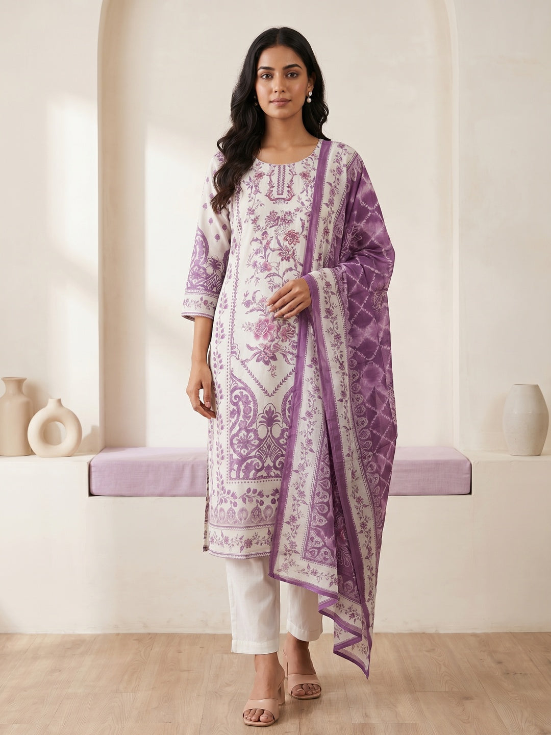 Off White Muslin Purple Floral Printed Salwar Suit Set - Image 2