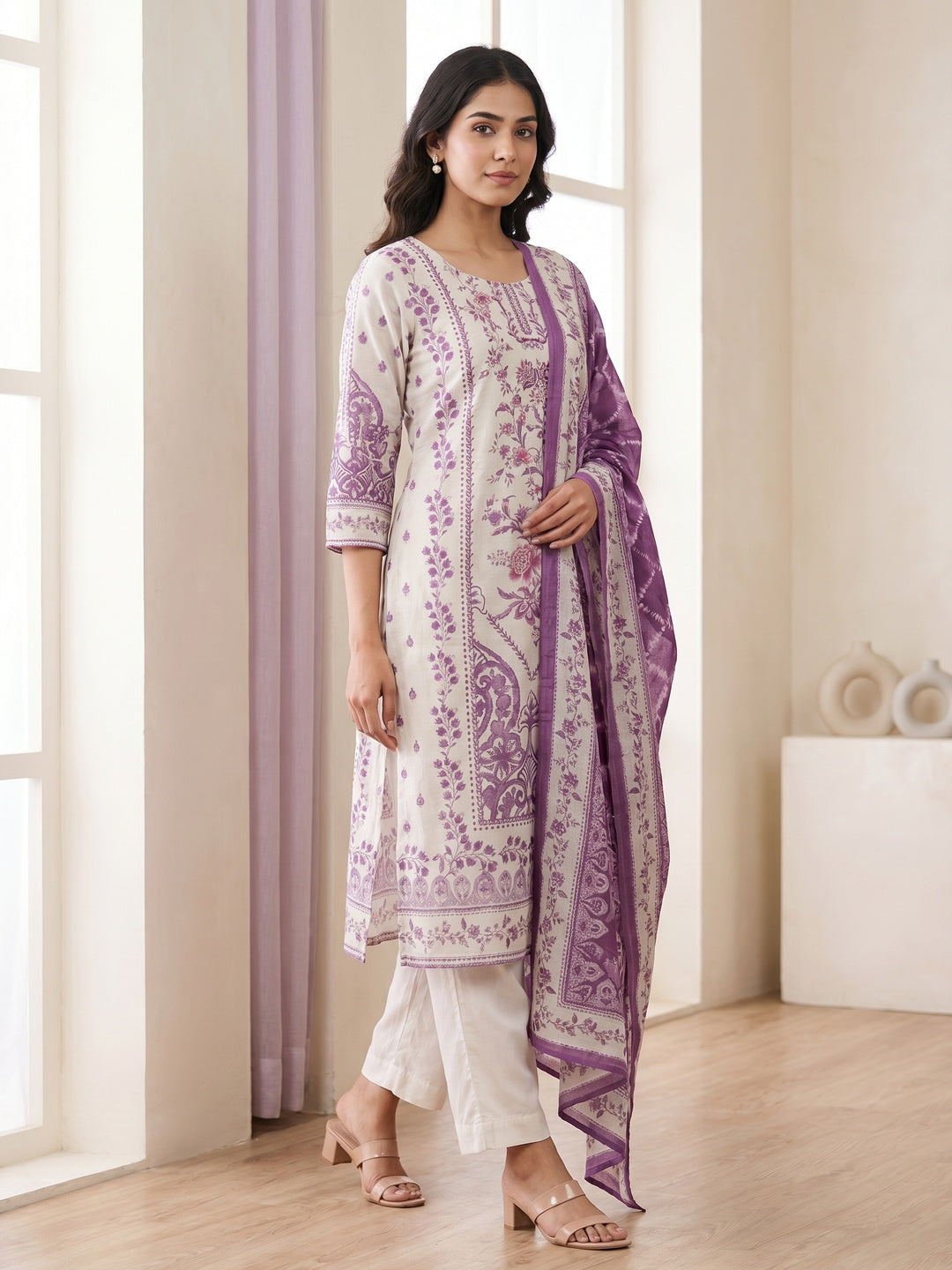 Off White Muslin Purple Floral Printed Salwar Suit Set - Image 3