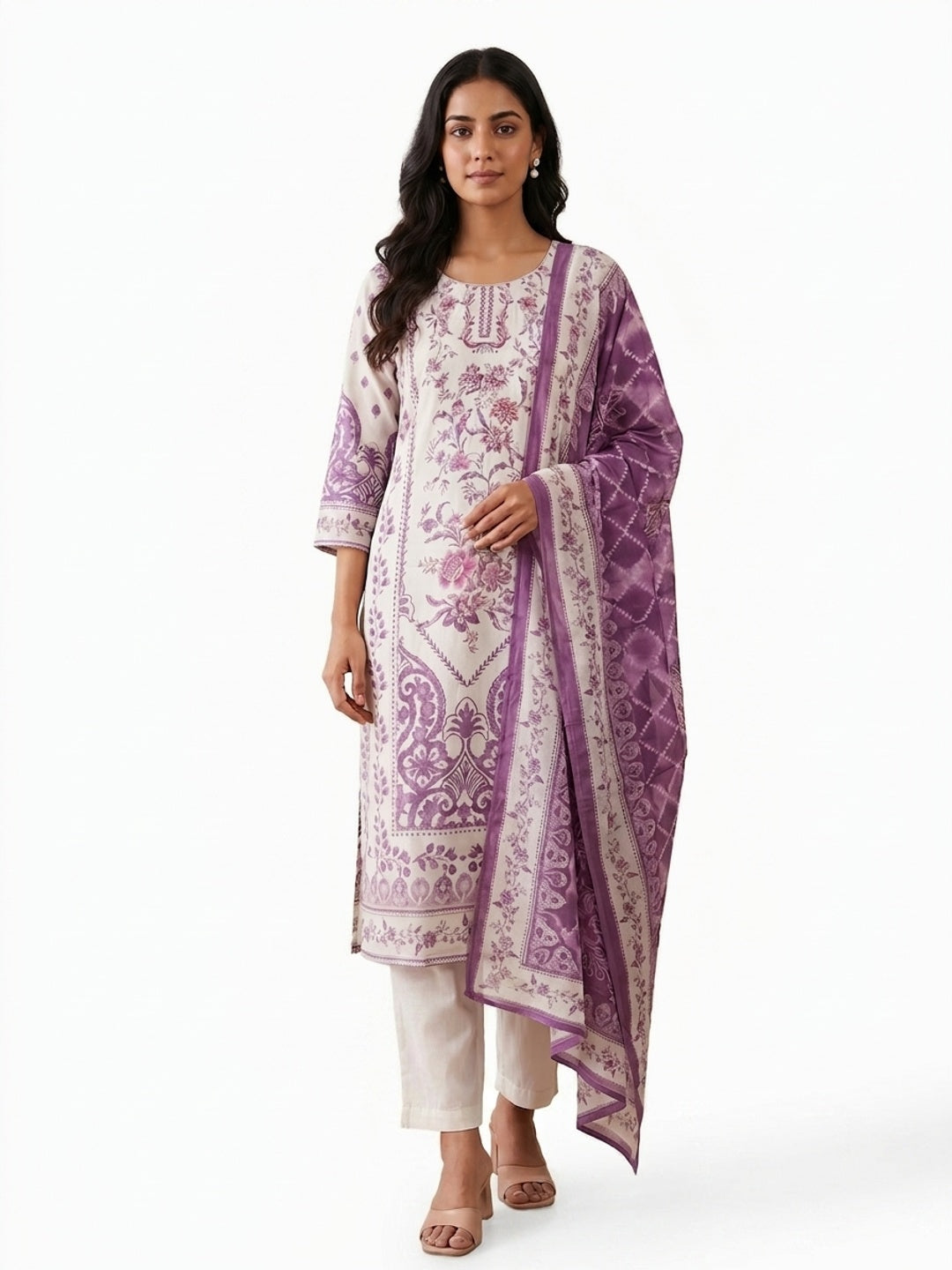 Off White Muslin Purple Floral Printed Salwar Suit Set - Image 4