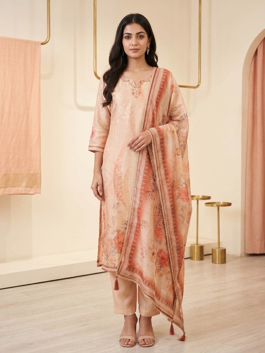 Peach Gucci Silk Floral Printed Salwar Suit Set - Image 2