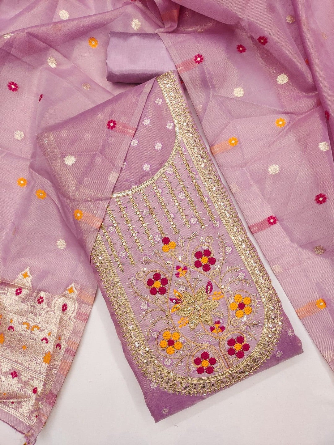 Peachmode Lavender Jacquard Dress Material with Ethnic Motifs - Image 2