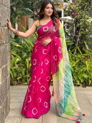 Peachmode Pink Linen Cotton Printed Saree - Image 1