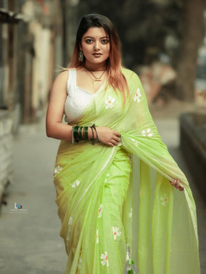 Peachmode Green Linen Cotton Floral Print Saree - Image 2