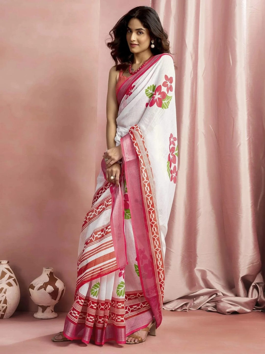 Peachmode White Linen Floral Print Saree - Image 1