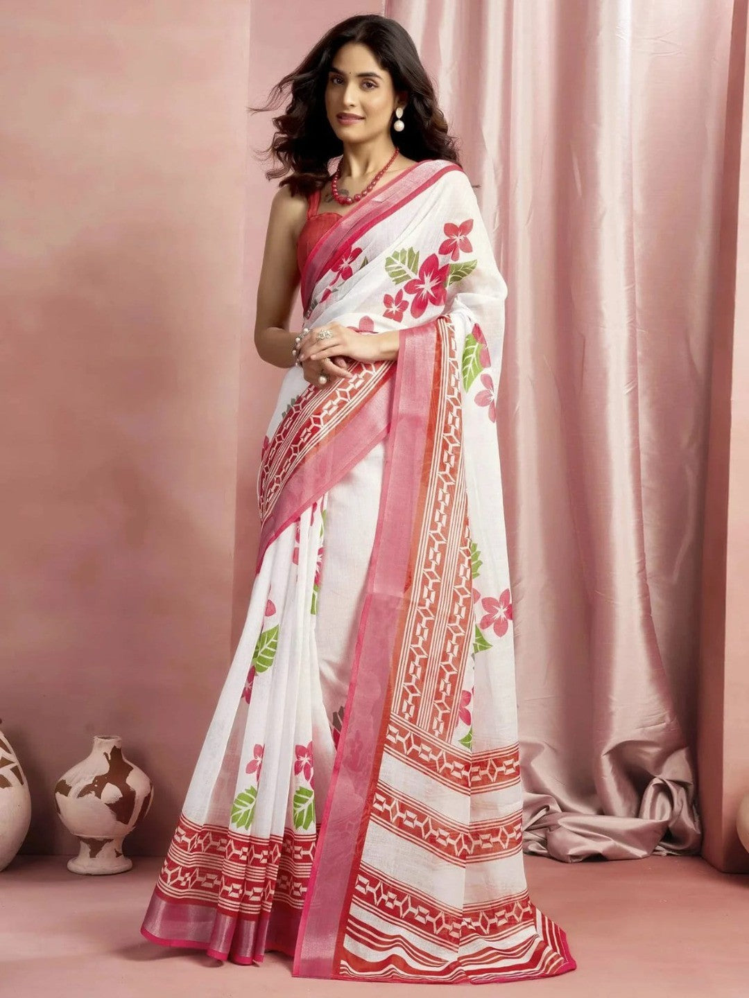 Peachmode White Linen Floral Print Saree - Image 3