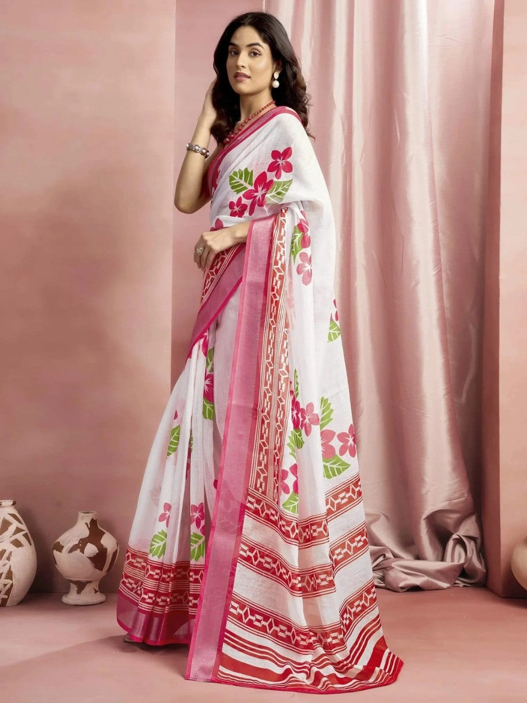 Peachmode White Linen Floral Print Saree - Image 5