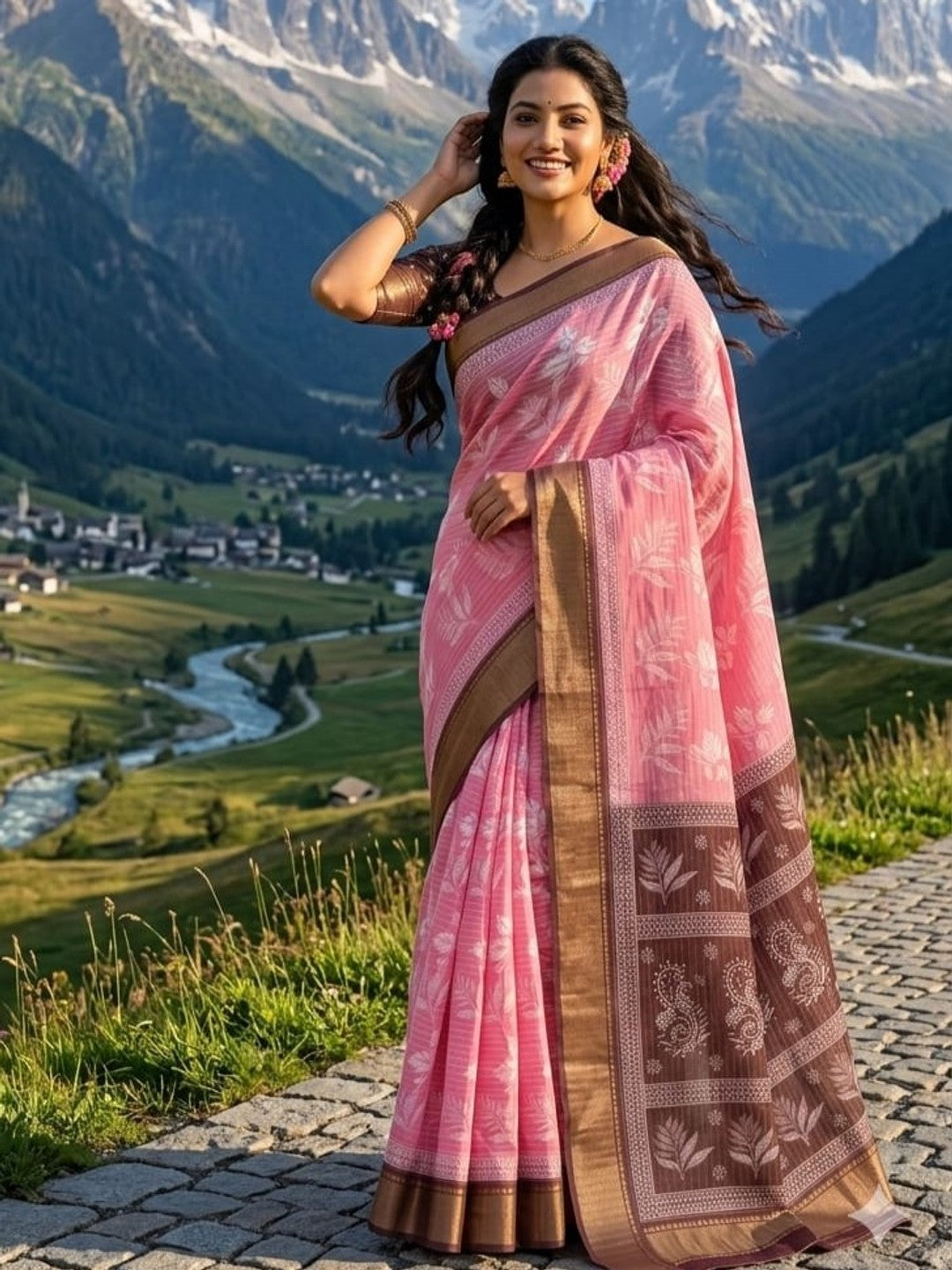 Peachmode Pink Dola Silk Zari Border Saree - Image 1