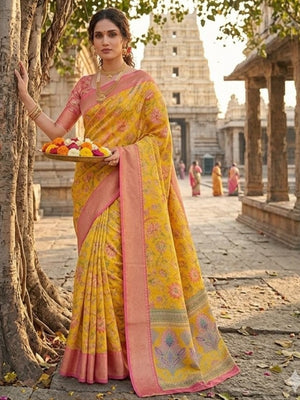 Peachmode Yellow Pink Dola Silk Zari Border Saree - Image 1
