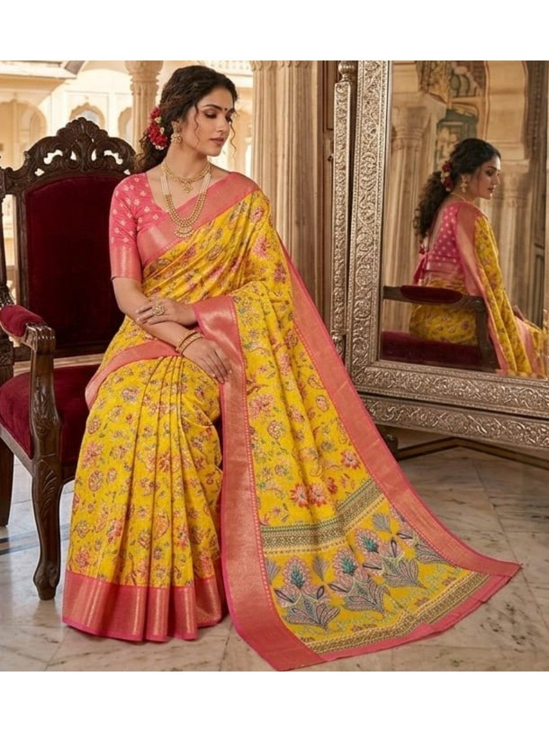 Peachmode Yellow Pink Dola Silk Zari Border Saree - Image 4