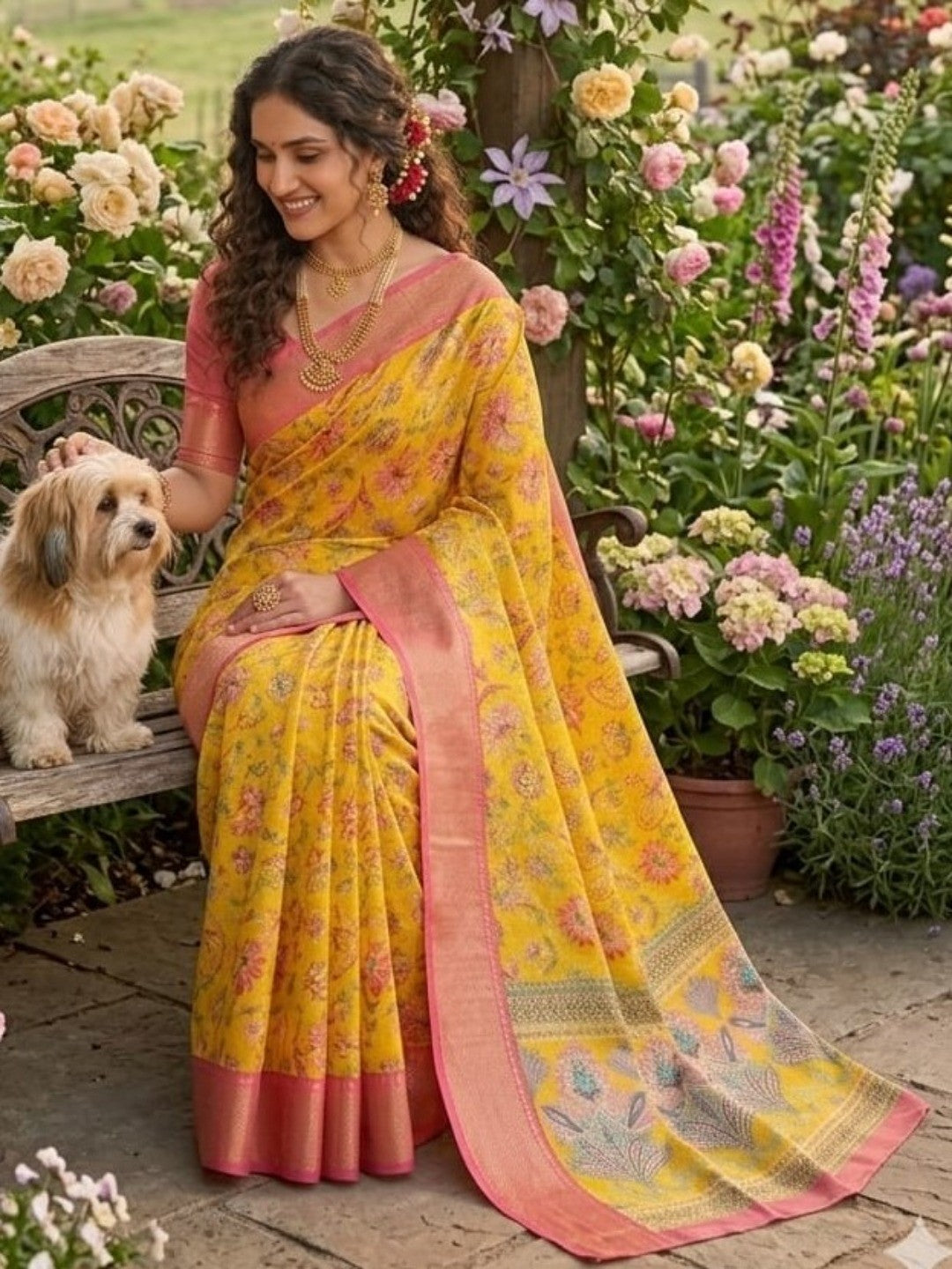 Peachmode Yellow Pink Dola Silk Zari Border Saree - Image 5