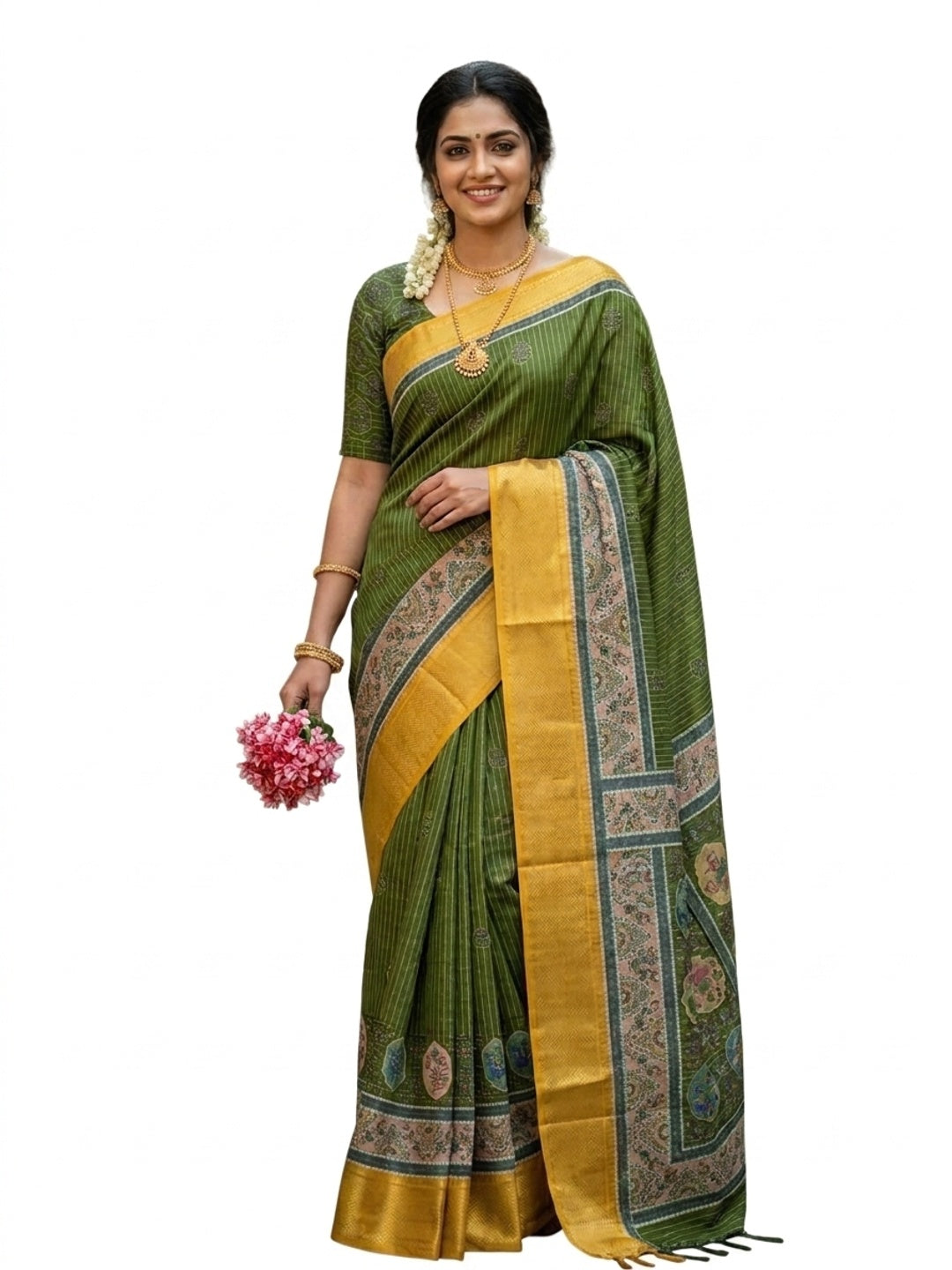 Peachmode Green Yellow Dola Silk Zari Border Saree - Image 5
