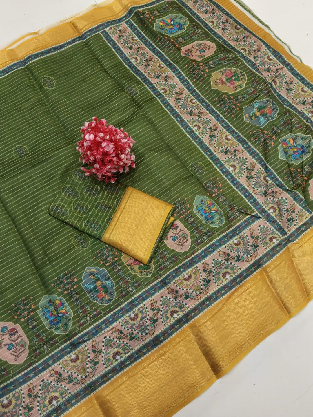 Peachmode Green Yellow Dola Silk Zari Border Saree - Image 2