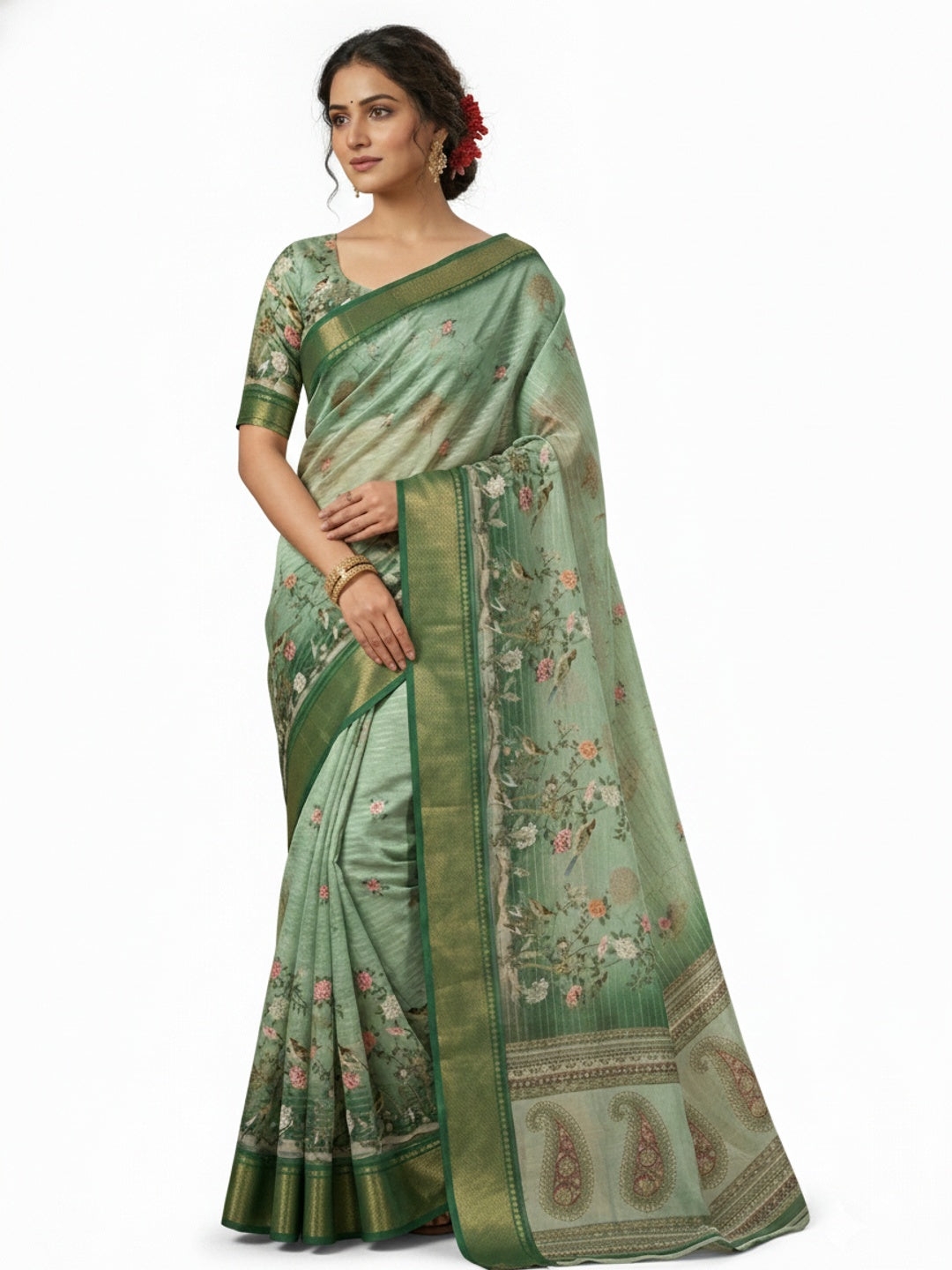 Peachmode Sage Green Dola Silk Zari Border Saree - Image 5