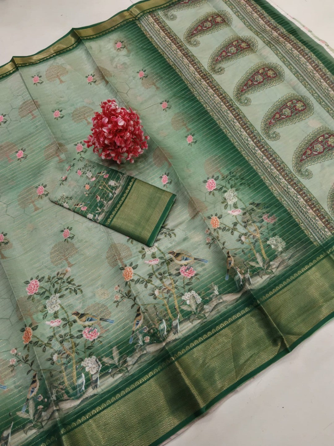 Peachmode Sage Green Dola Silk Zari Border Saree - Image 2