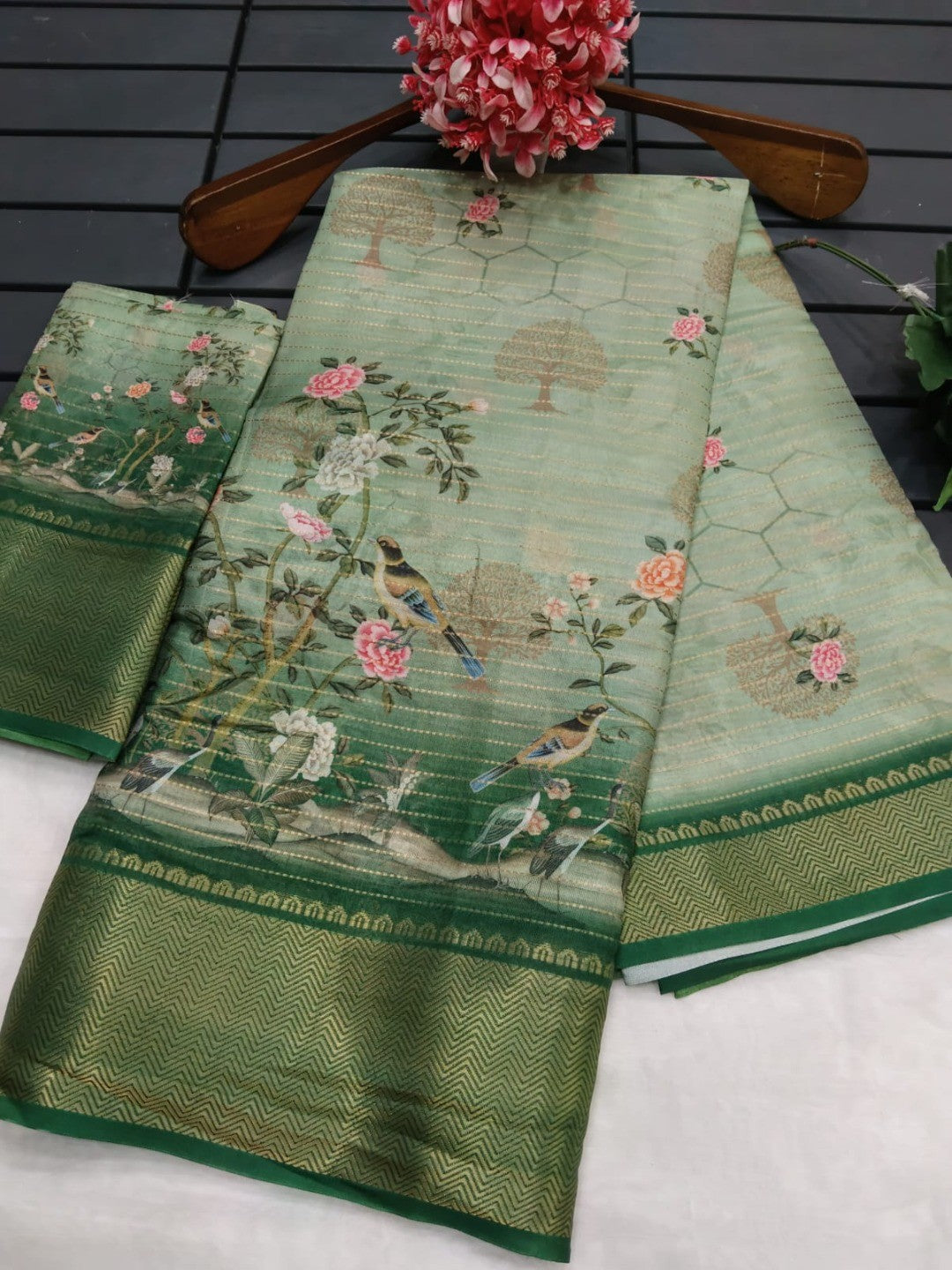 Peachmode Sage Green Dola Silk Zari Border Saree - Image 3