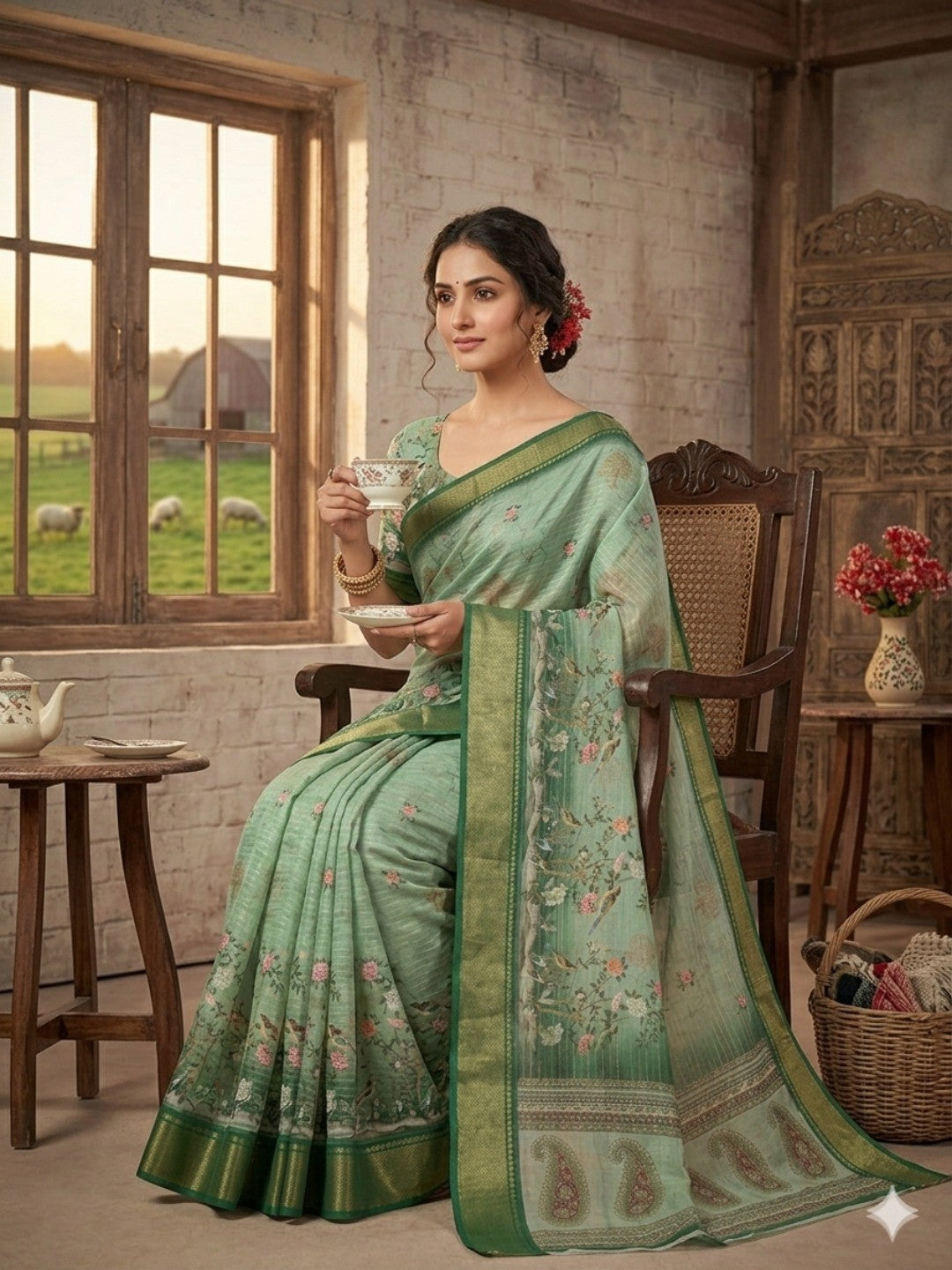 Peachmode Sage Green Dola Silk Zari Border Saree - Image 4