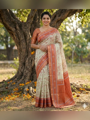 Peachmode Cream & Peach Dola Silk Zari Border Saree - Image 1