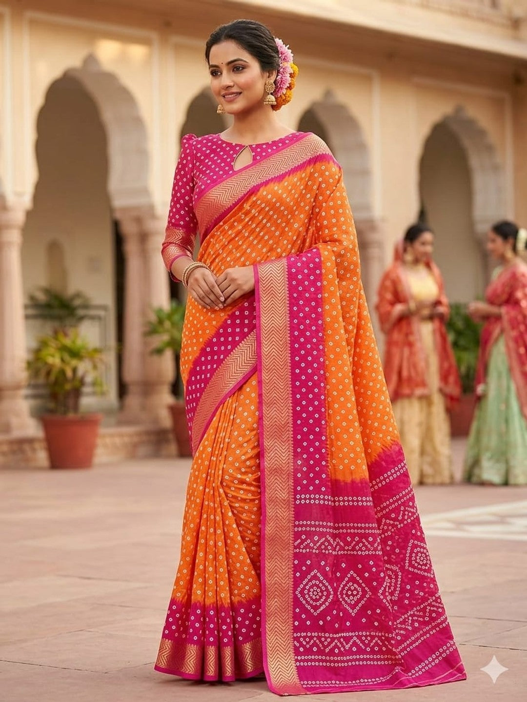 Peachmode Orange Pink Dola Silk Zari Border Saree - Image 1