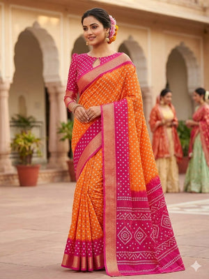 Peachmode Orange Pink Dola Silk Zari Border Saree - Image 1