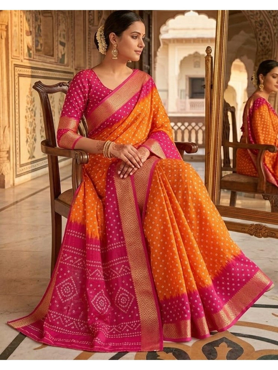 Peachmode Orange Pink Dola Silk Zari Border Saree - Image 4