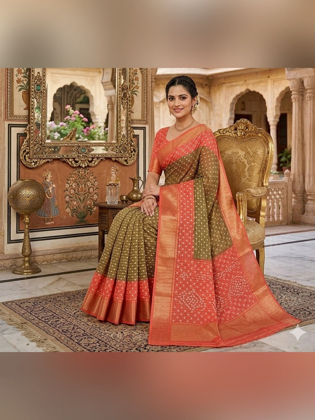 Peachmode Olive Orange Dola Silk Zari Border Saree - Image 1