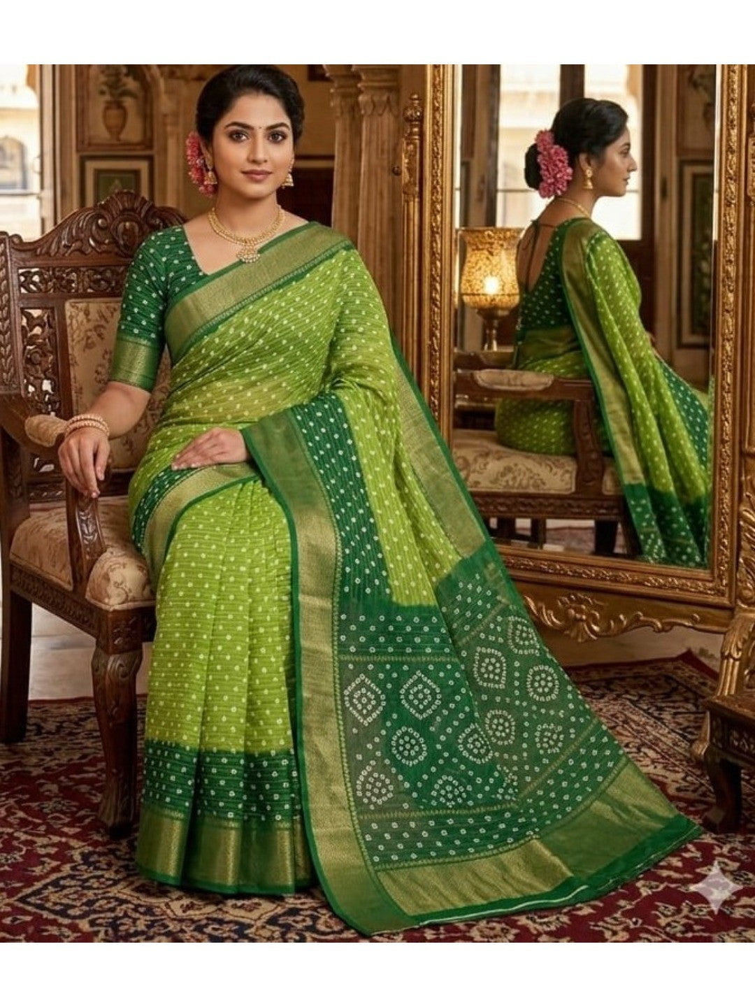 Peachmode Green Dola Silk Zari Border Saree - Image 4