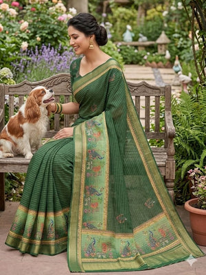 Peachmode Green Dola Silk Zari Border Saree - Image 1