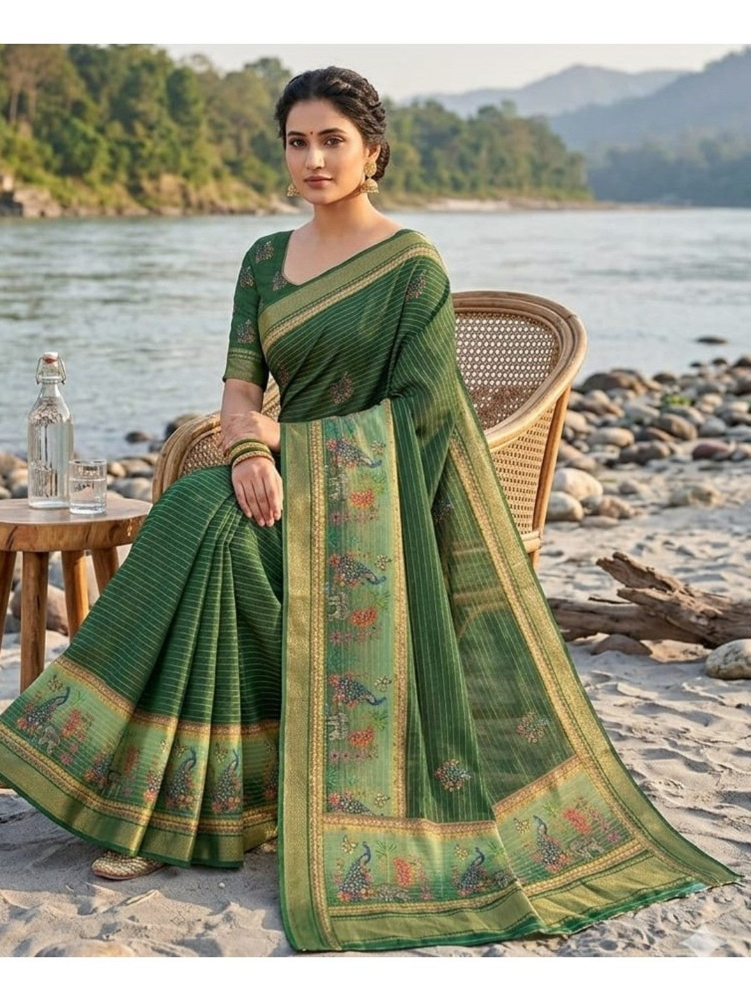 Peachmode Green Dola Silk Zari Border Saree - Image 5