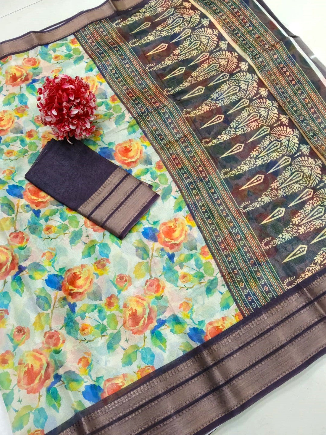 Peachmode Cream Purple Dola Silk Zari Border Saree - Image 3