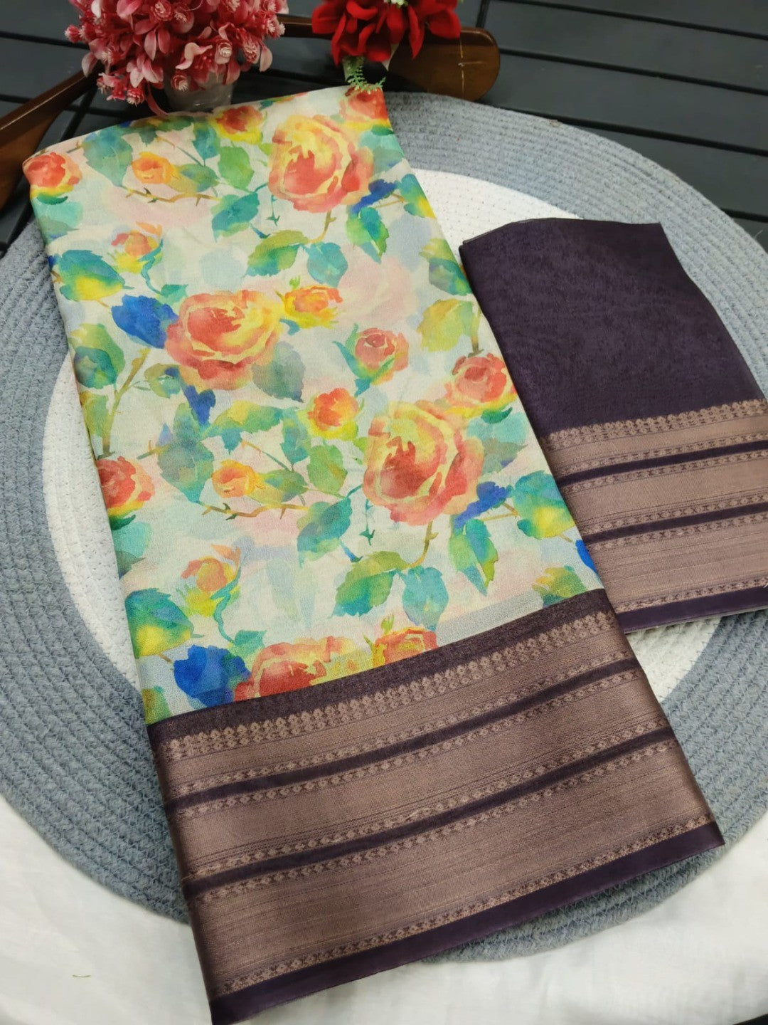 Peachmode Cream Purple Dola Silk Zari Border Saree - Image 4