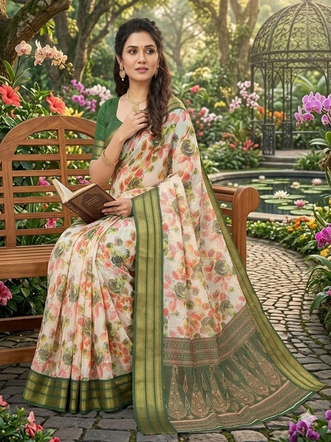 Peachmode Cream Green Dola Silk Zari Border Saree - Image 1