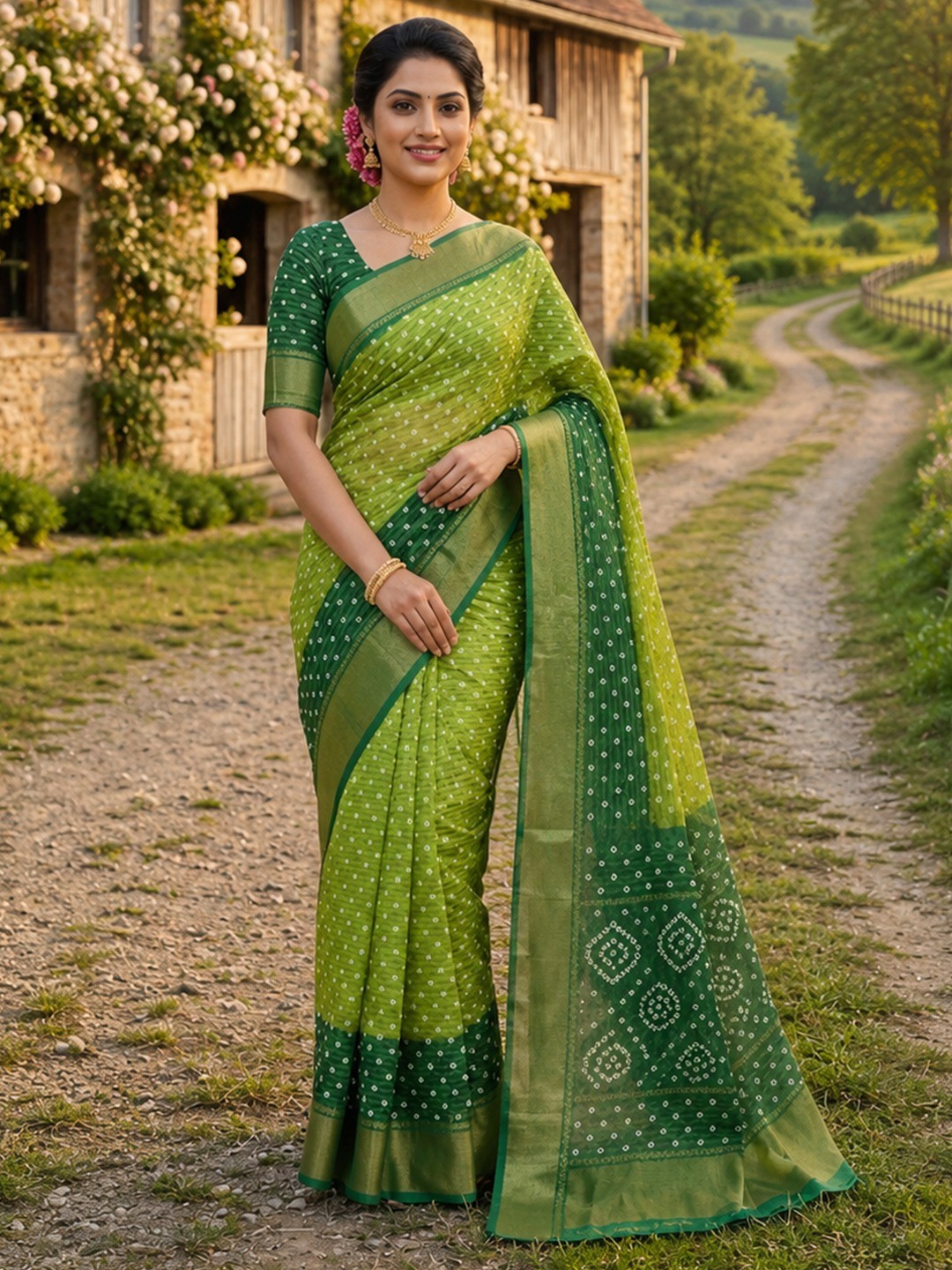 Peachmode Green Dola Silk Zari Border Saree - Image 1