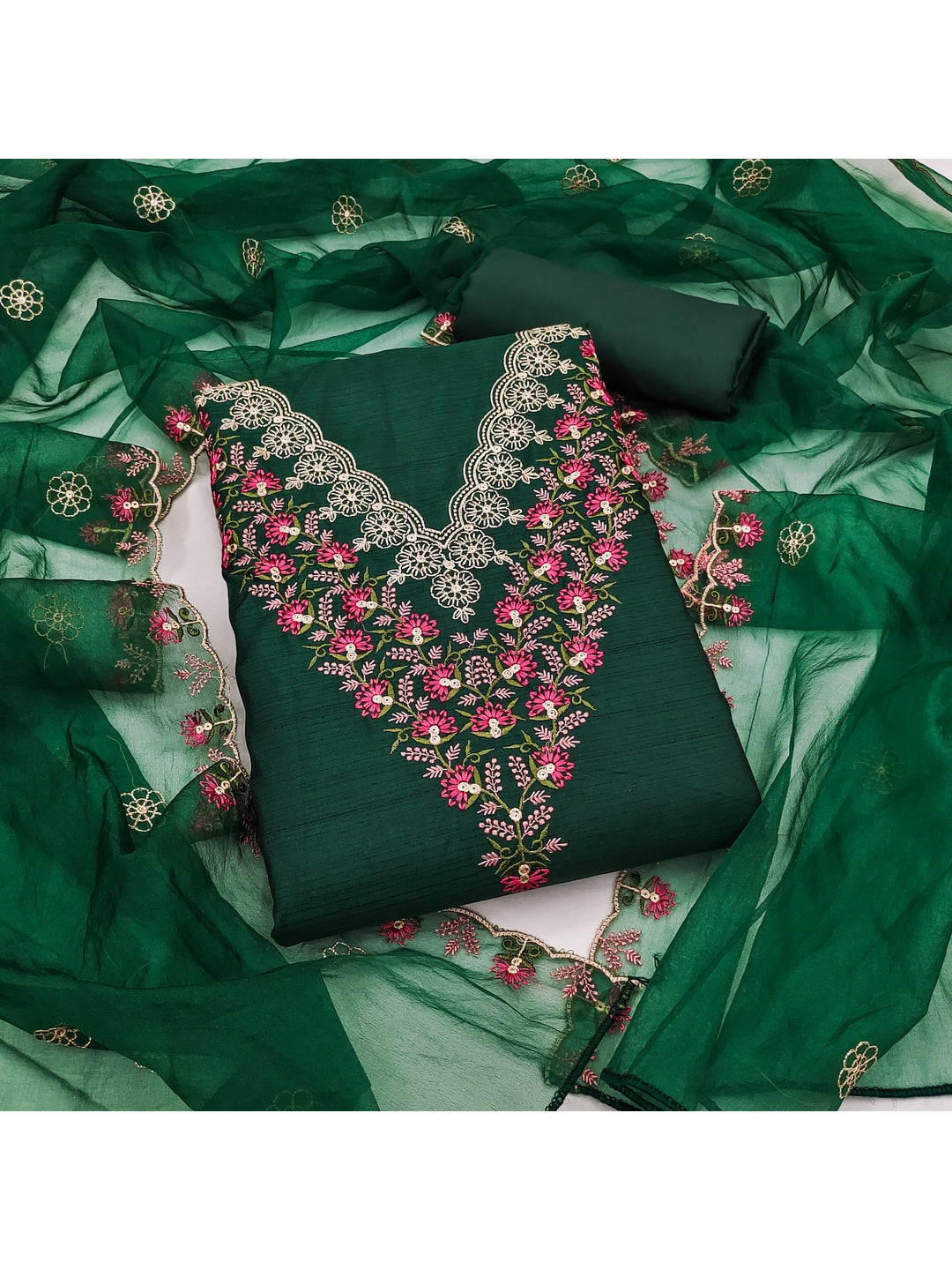 Peachmode Green Art Silk Dress Material with Floral Embroidery - Image 1