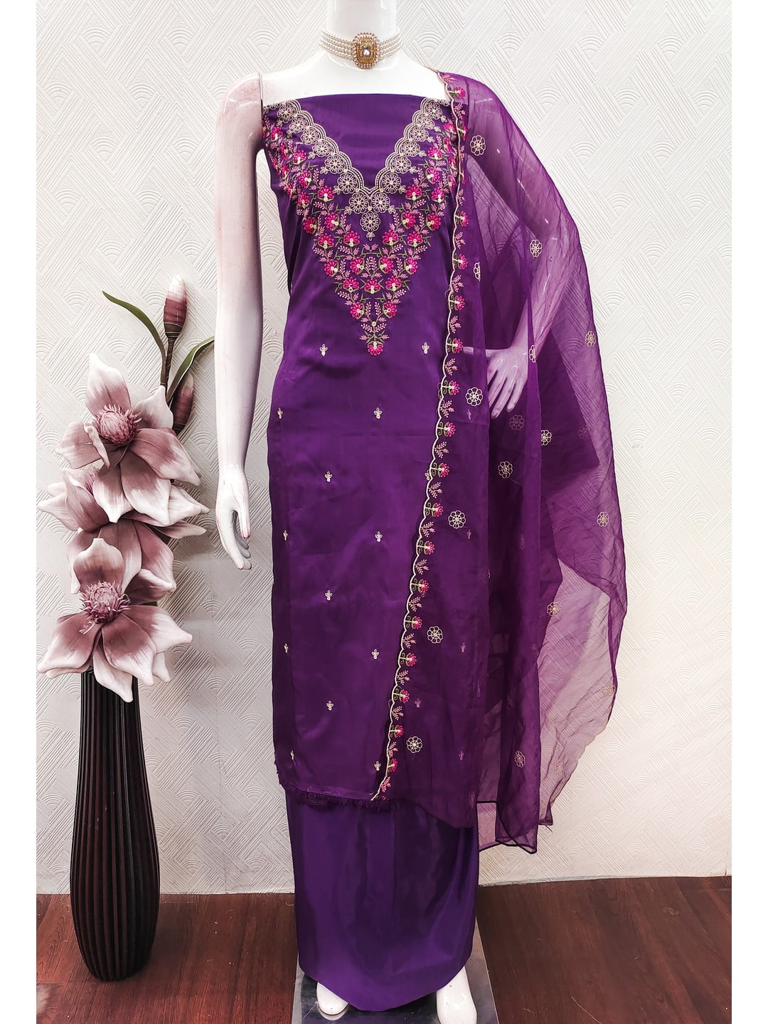 Peachmode Purple Art Silk Dress Material with Floral - Image 2