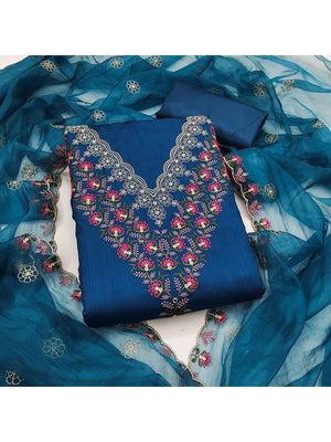 Peachmode Blue Art Silk Dress Material with Floral Embroidery - Image 4