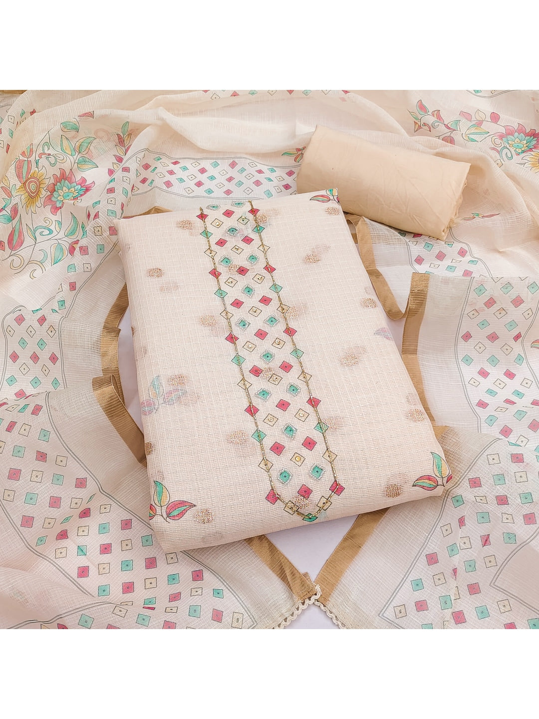 Peachmode Cream Kota Doria Dress Material with Floral Print - Image 4